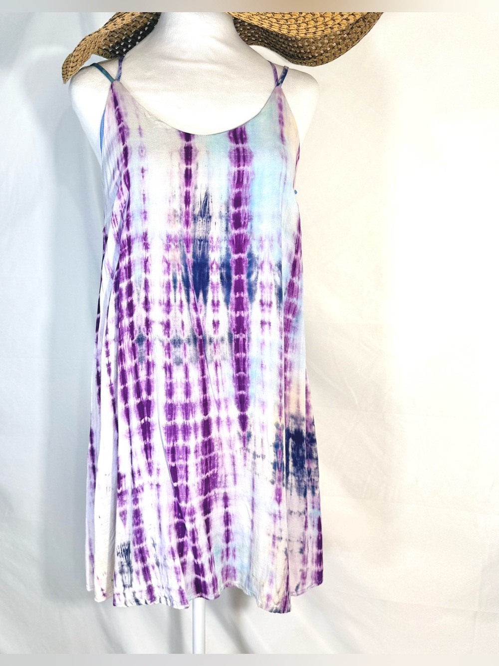 Loveriche Blue Purple And White Lined Tie Dye Mini Dress With A Strappy Back